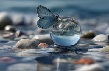 A blue butterfly sitting on top of an ice ball, on the shore by the water's edge, butterfly, insect, nature, flower,