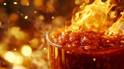 Fiery hot sauce in glass jar with blazing flames adds spice and warmth