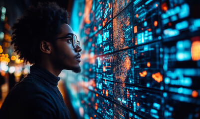 Young man wearing glasses analyzing futuristic digital data interface with glowing blue and orange graphics in dark urban environment at night