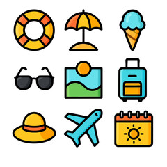 Vibrant Summer Vacation Icons A Colorful Collection of Travel and Holiday Symbols