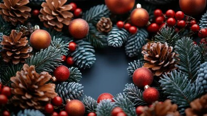 Christmas wreath featuring pine cones, red berries, orange baubles, and fir branches creating festive, warm holiday decoration with vibrant colors, cozy atmosphere, and seasonal winter charm - Powered by Adobe