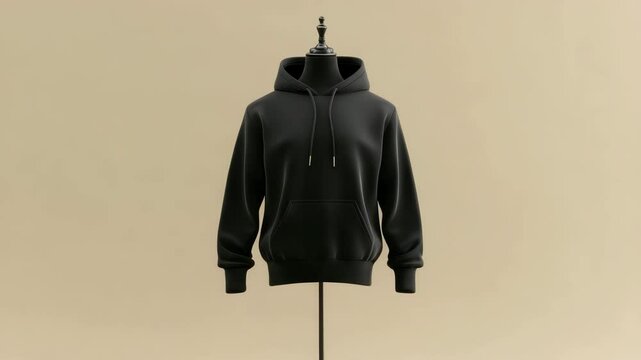 Black hoodie sweatshirt with front pocket and drawstring hood, long sleeve casual clothing garment perfect for fashion style, displayed mannequin against beige background showcasing comfortable wear