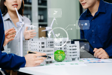 Business team working virtual modern smartphone to reduce CO2 emissions carbon footprint climate...