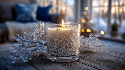 A lit candle in a glass holder with decorative branches on a wooden surface in a cozy room setting