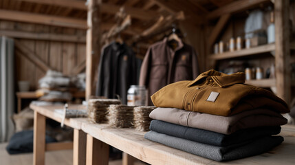 Cozy autumn sweater collection displayed in rustic fashion retail boutique interior