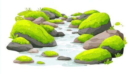 A cartoonish stream meanders through mossy rocks