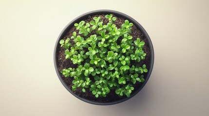 A top view of a black pot filled with small green plants and soil on a light beige background color