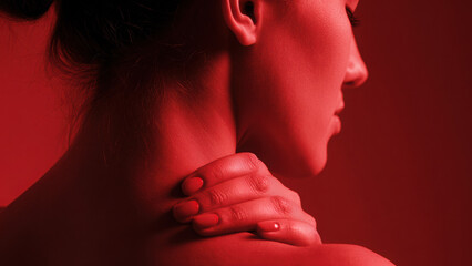 Woman touching shoulder in pain