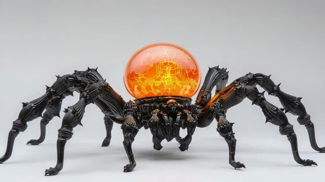 halloween concept. A futuristic black robotic spider with an illuminated orange glass orb on its back, featuring circuit-like patterns inside the orb.