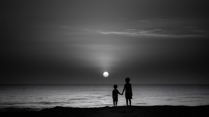 A black and white image of two children, possibly siblings, standing on a beach at dusk, holding hands as they watch the sunset over the ocean, creating a scene of peacefulness and connection
