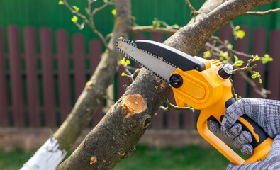 Cordless chain saw. Hand holding mini cordless chainsaw. Gardener trees with light cordless...