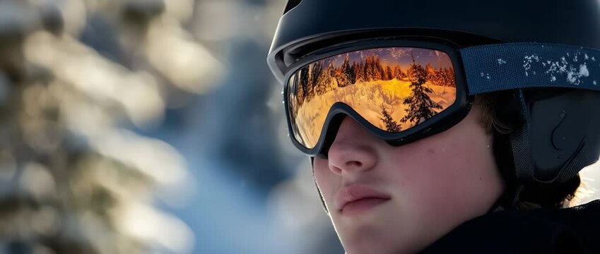 Young person wearing ski helmet and reflective goggles with snowy mountain reflection, enjoying winter sport and outdoor activity in cold weather with winter clothing and snow covered pine trees