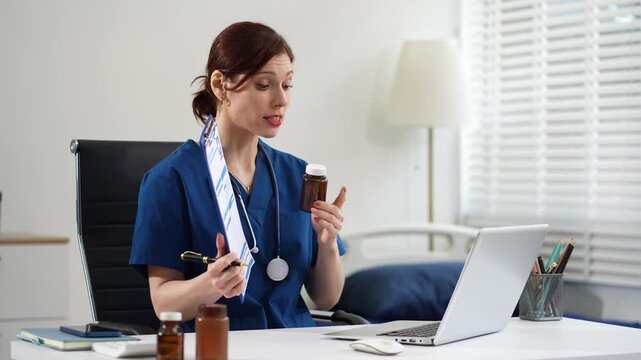 Caring therapist conducts video consultation, communicates with patient via an online conference, uses laptop, diagnoses, recommended and prescribed medications, and also answers questions.