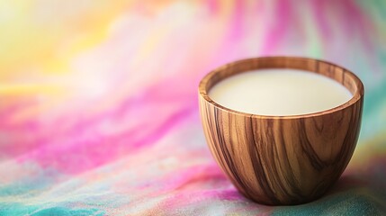 Fresh milk sits inside a wooden bowl, resting on a vibrant and colorful, tie-dye surface.