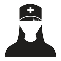 Simple black silhouette of a female nurse wearing a cap with a cross silhouette