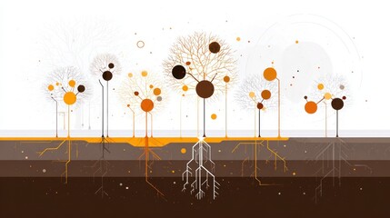 Abstract trees with interconnected roots.  A cross-section view