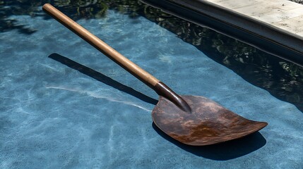 Shovel resting in the blue, rippling swimming pool water on a sunny day.