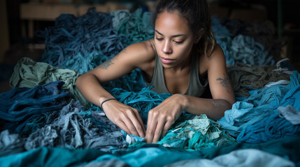 Textile specialist processing eco-conscious materials in sustainable fashion workshop environment