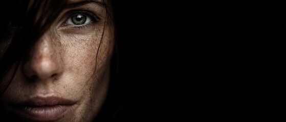 Intense closeup portrait of a White woman with freckles and striking green eyes, conveying raw emotion and natural beauty against a dark background