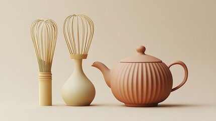 Minimalist kitchenware scene featuring whisks and a teapot against a beige background