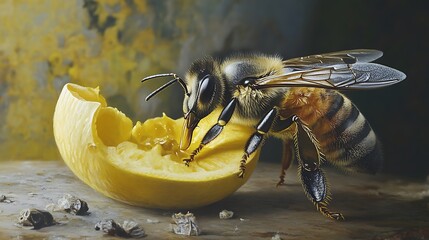 Macro view of a honeybee feeding on sweet nectar inside a halved yellow fruit