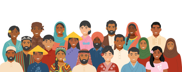 Background with asian ethnicities people. Portraits of men and women of different asian natuinalities. Concept of equality, diversity, inclusion. Vector flat illustration.