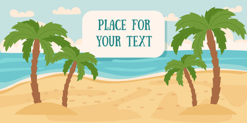 Fototapeta premium Summer beach background. Sand, sea, sky, palm trees. Travel and vacation concept banner. Vector flat illustration.