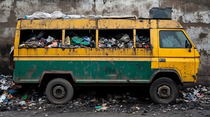 Overloaded garbage truck shows pollution problem with waste alongside streets