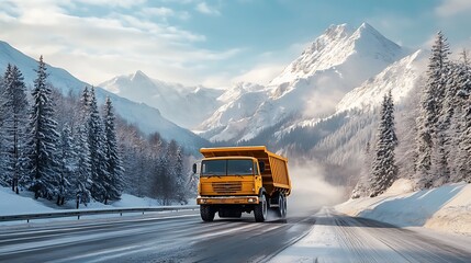 Yellow dump truck driving on a road in a snowy mountain landscape with pine trees.