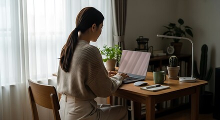 Naklejka premium Woman Working From Home at Desk with Laptop, Plants, and Natural Light