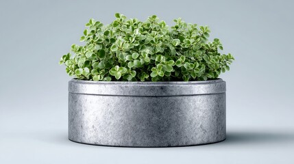 A small green leafy plant in a round metal pot against a plain background with soft lighting effect