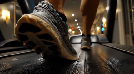 First treadmill steps gym fitness indoor close-up motivation