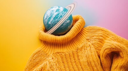 Planet sphere resting in a yellow sweater collar offering a unique conceptual design