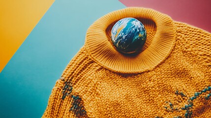 Conceptual representation showcasing a sweater with planet Earth as an accessory for environmental awareness.