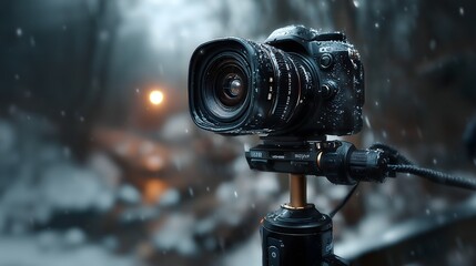 Floating camera vlog recording in snowy forest