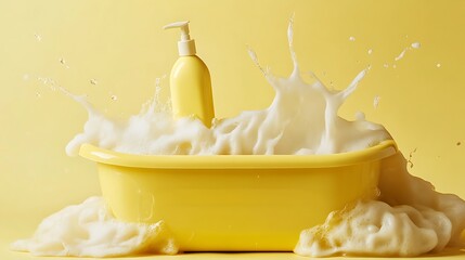 Gentle baby bath with yellow tub and liquid soap for skin care and hygiene