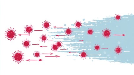 Virus spread depicted by animated red virus particles moving away from a light gray background