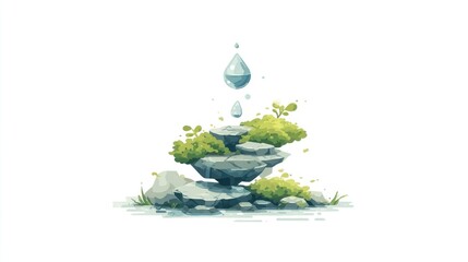 A stylized rock formation with water droplets