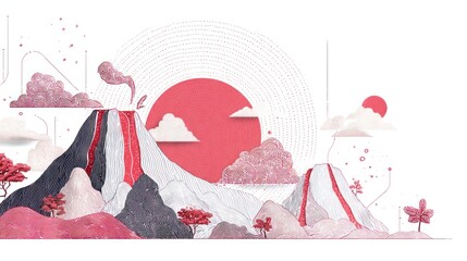 A stylized, digital landscape with a pastel color palette, featuring abstract mountains, waterfalls, and clouds