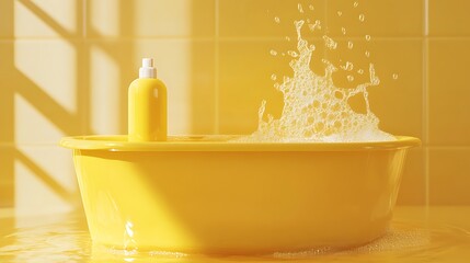 Bright yellow bath tub filled with water and bubbles with yellow dispenser bottle