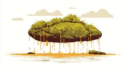 Floating mossy rock dripping liquid