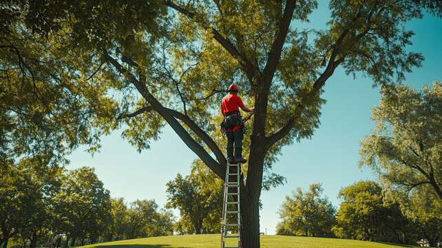Arborist in climbing gear trims trees in a park. The worker is focused on cutting branches while secured with ropes. Green leaves surround the scene.