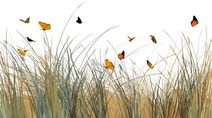 Butterflies and birds in tall grass