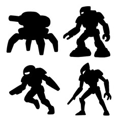 Futuristic Robot Silhouette Icon Set - Black and White Vector Collection with Transparent Background