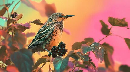 Captivating starling perched among vibrant leaves and ripe berries in a colorful setting