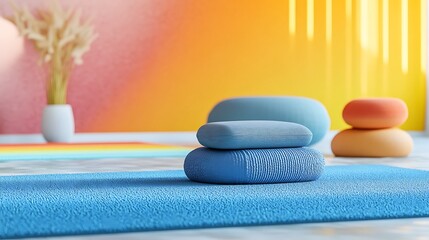 Studio zen with soft blue yoga mat, peaceful meditation cushions and calming pastel hues.