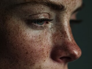 Obraz premium Close-Up Profile of Freckled Skin with Mesmerizing Blue Eye