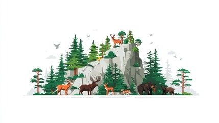 Forest animals on a mountain. Flat design of wildlife and nature