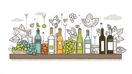 Wine bottles and grapes on a shelf