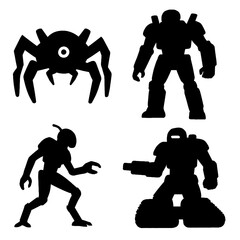 Futuristic Robot Silhouette Icon Set - Black and White Vector Collection with Transparent Background